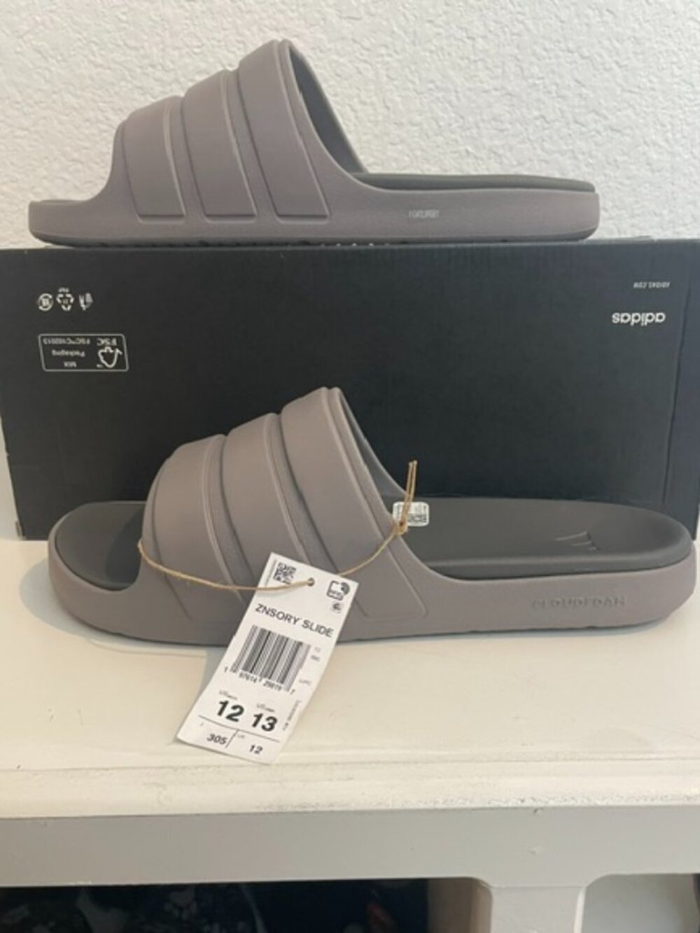 Adidas ZNSORY Slides in the Taupe/Grey colorway.